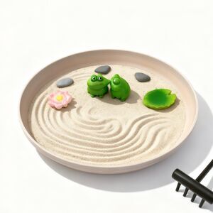 Mini Zen Garden with Frog Figurines, Japanese Sand Tray, Kawaii Desktop